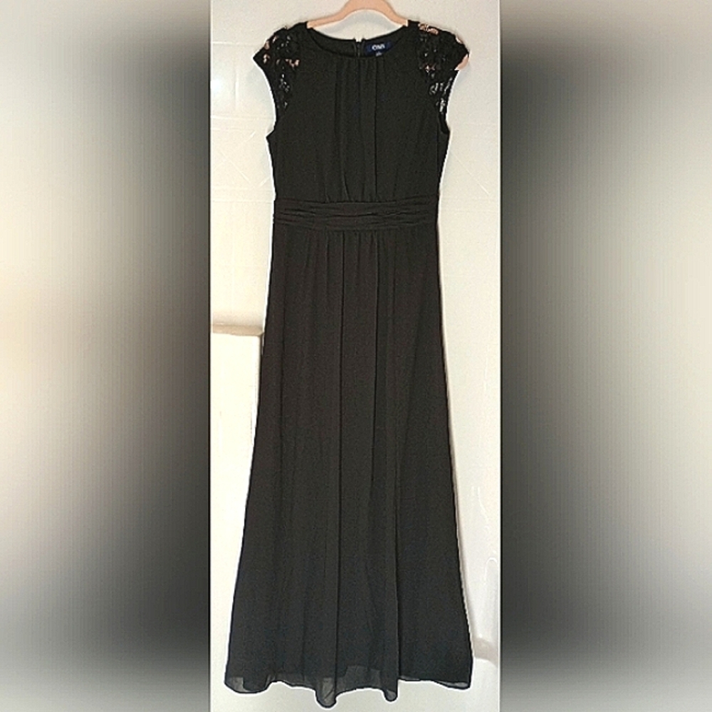 Chaps Maxi Lace Cap Sleeve Black Dress